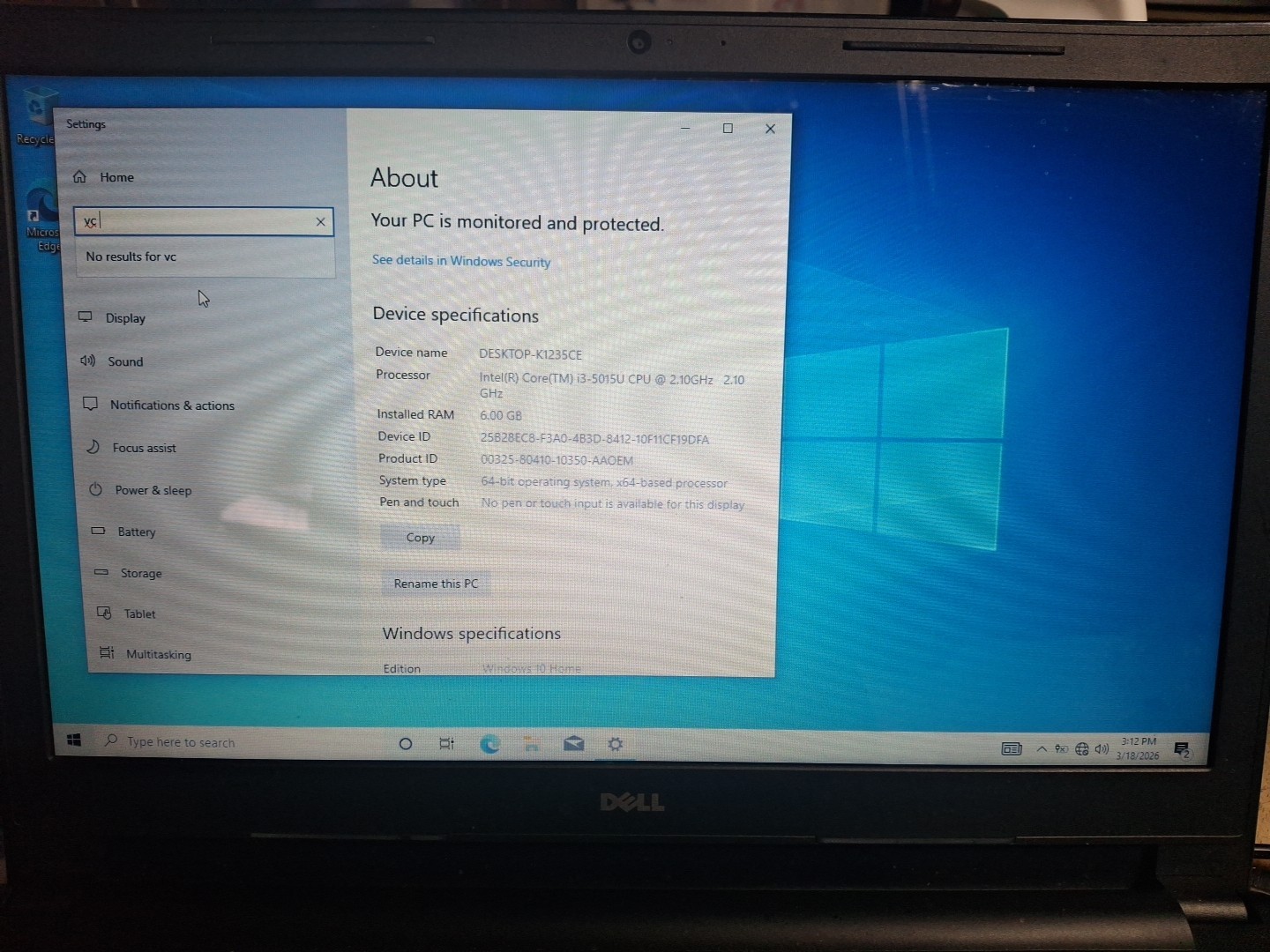 Dell Inspiron 15-5100 15.6″ Laptop Core i3 2.10GHz/6GB RAM/500GB HD/DVD/Win10Pro