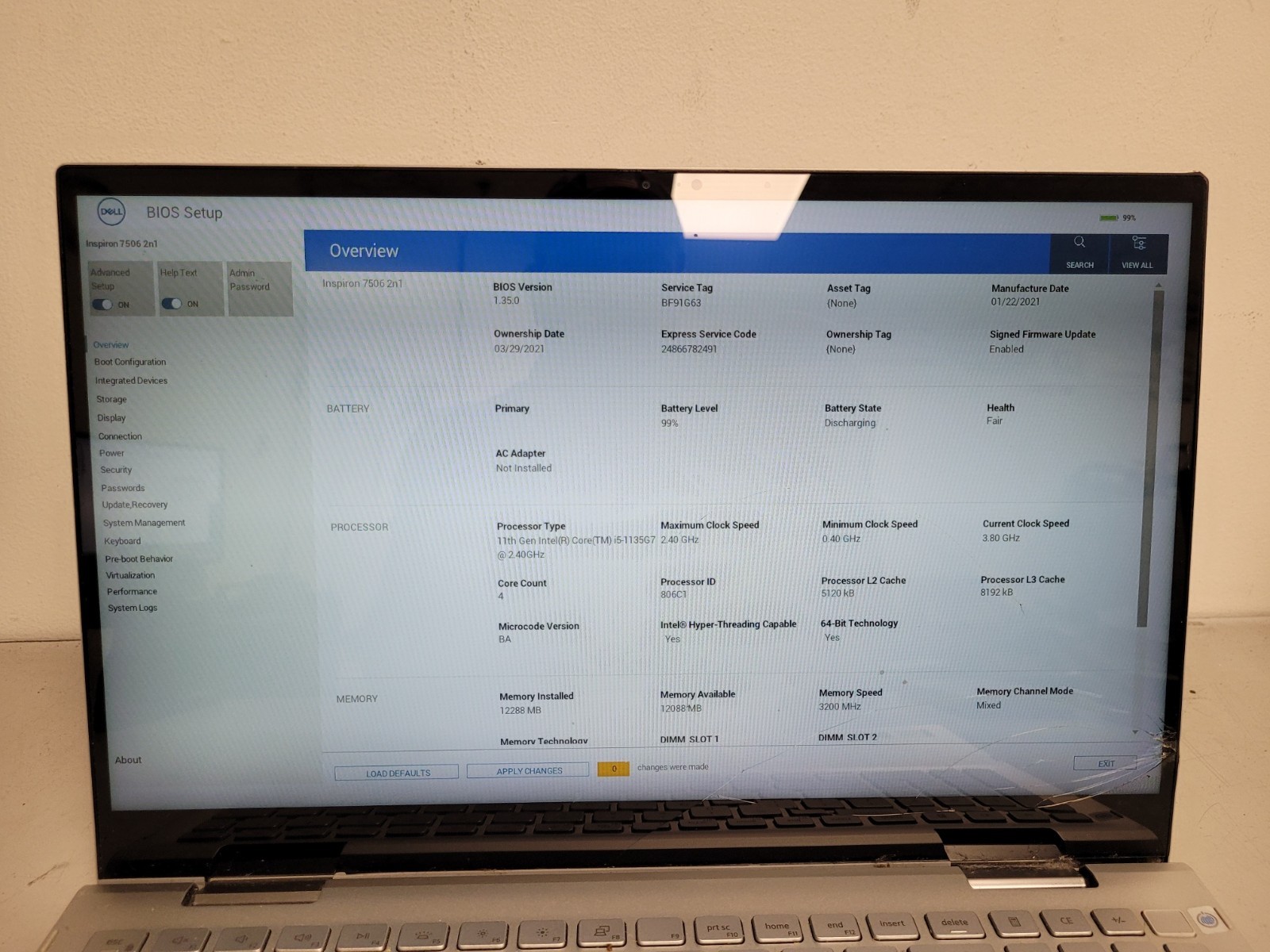 Dell inspiron 7506 2in1 broken i5-1135G7 2.4ghz 12 gb ram no ssd *parts BF91G63