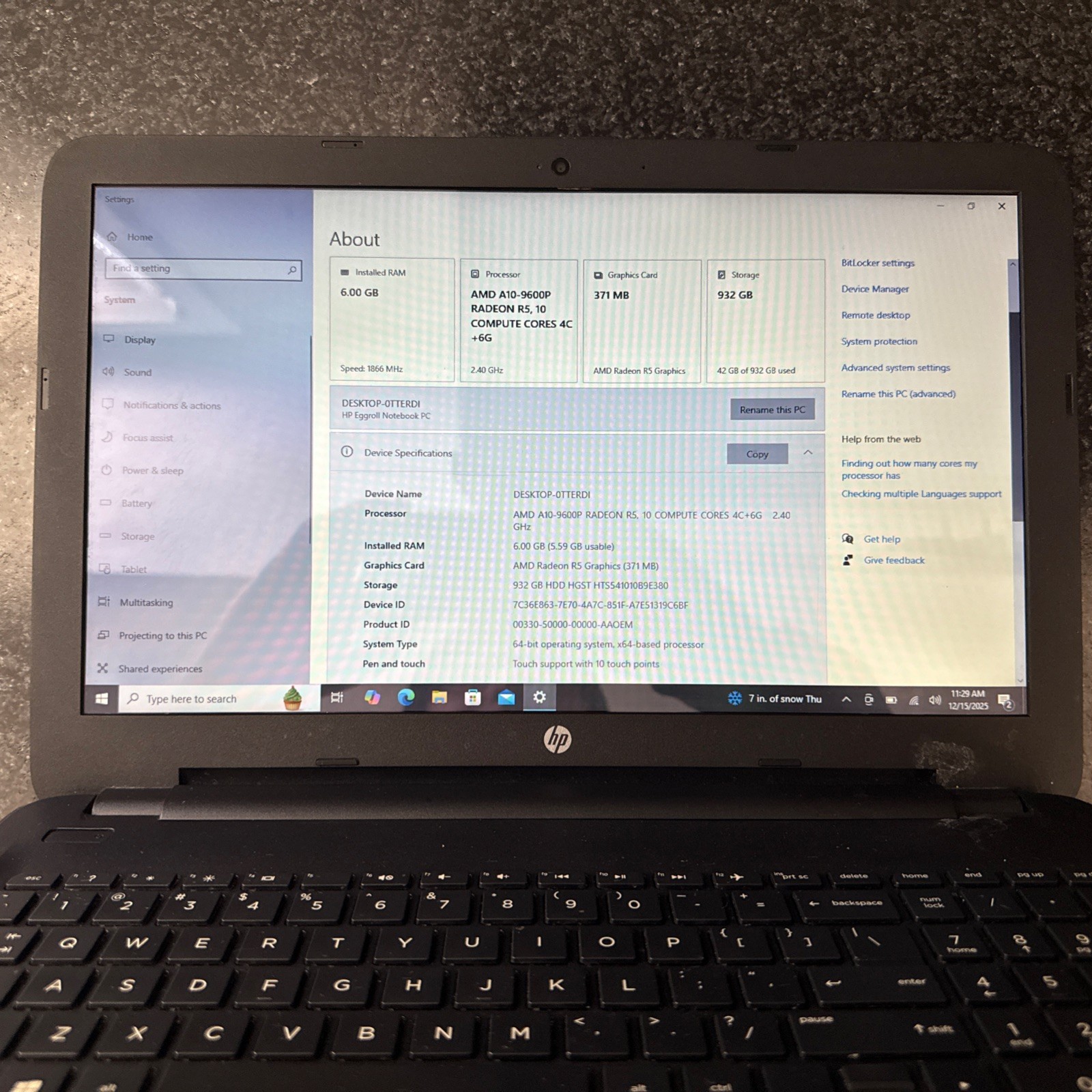 HP 15-ba079dx AMD A10-9600 Radeon R5 6GB RAM 1TB HDD Win 10 Pro Touchscreen