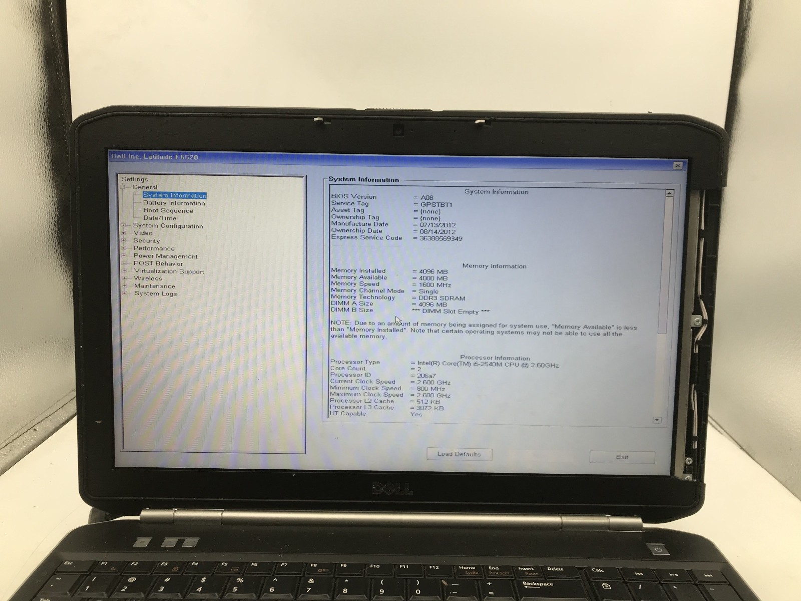 DELL LATITUDE E5520 – BOOTS TO BIOS – INTEL I5 2540M – NO RAM – READ DESCRIP -BB