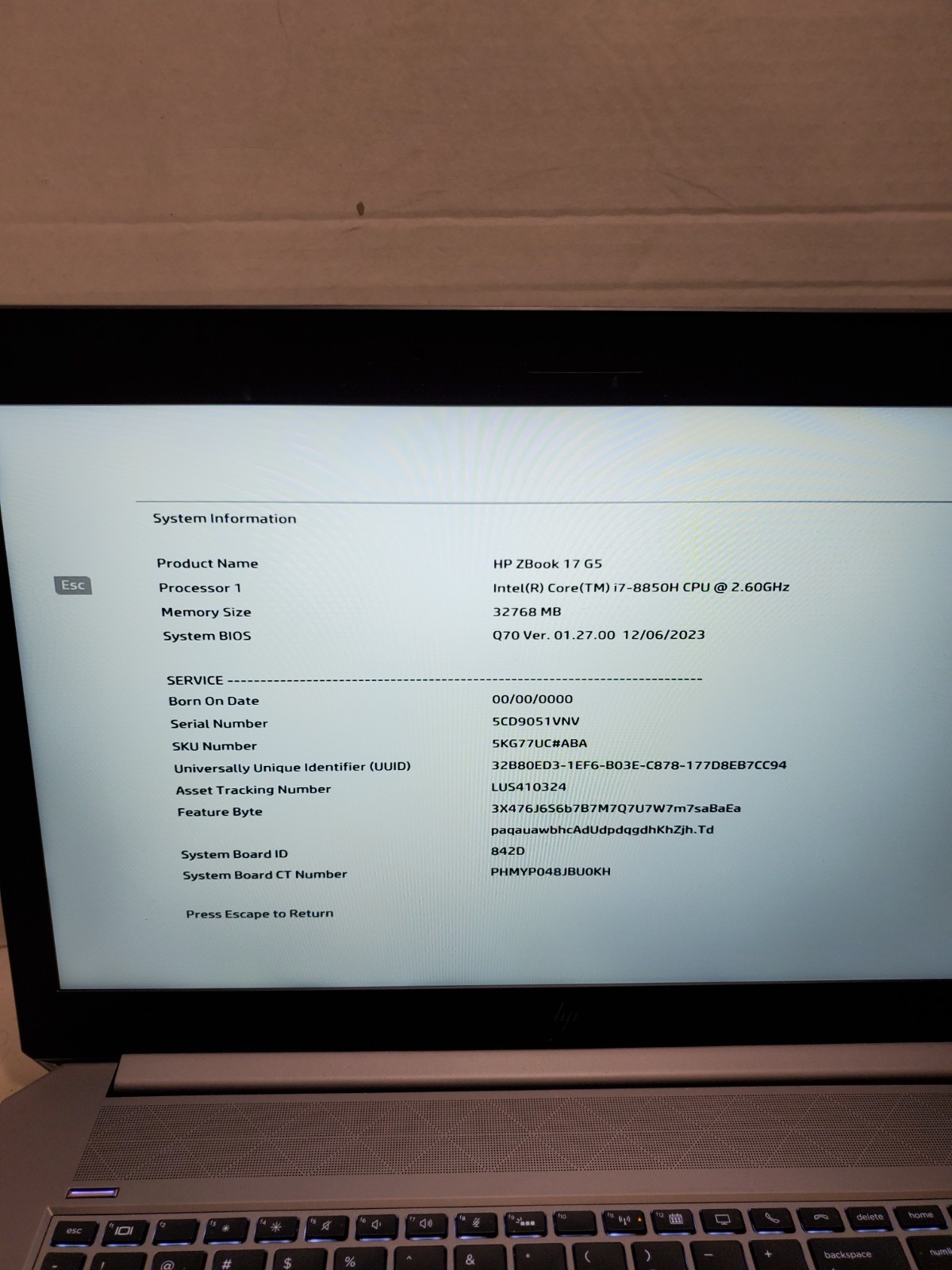 HP ZBook 17 G5 i7-8850H 2.60GHz 32GB RAM No HDD/SSD/OS! BIOS PW! #69