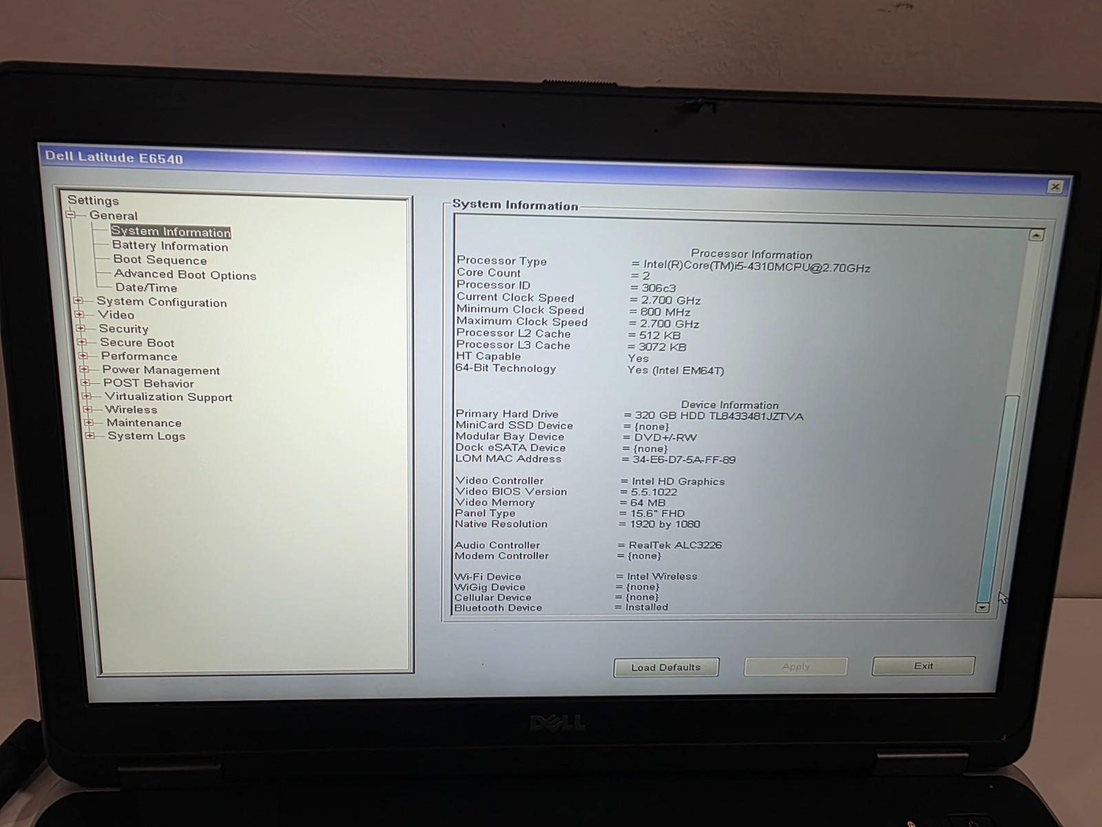 Dell Latitude E6540 Intel i5-4310M 8GB 320GB HDD Bluetooth