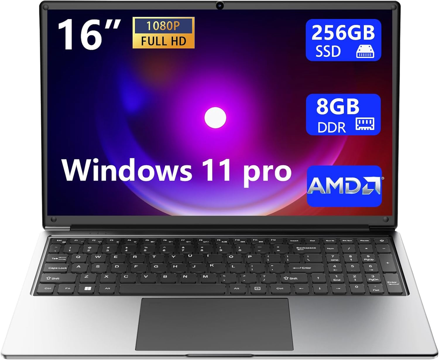 Laptop 16-Inch 8GB DDR 256GB SSD Portable Laptop Computer, Expandable to 1TB, AM