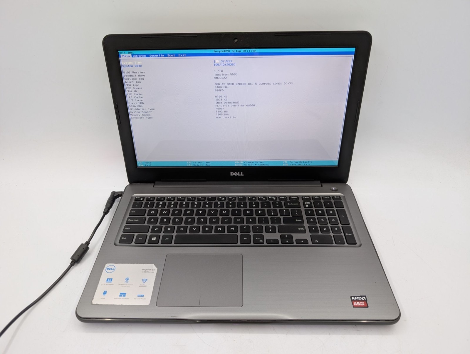 Dell Inspiron 5565 15.6″ Laptop A9-9400 No RAM No SSD Missing HDD Connector