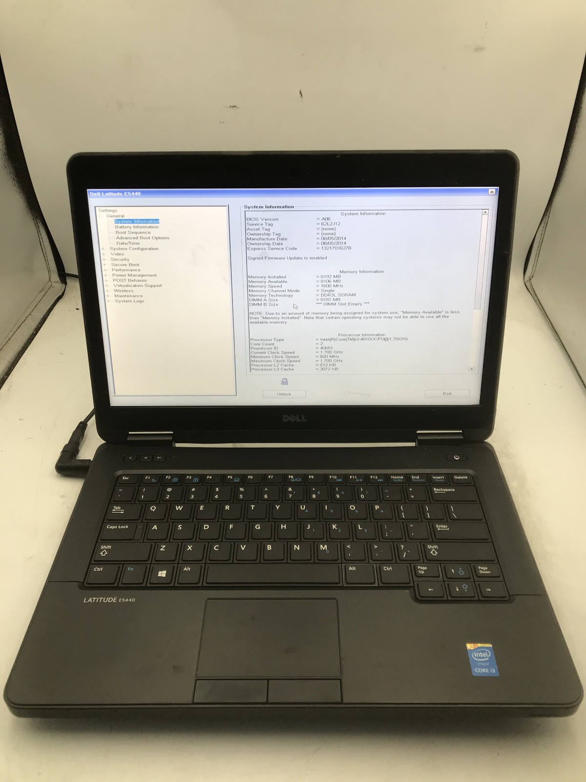 DELL LATITUDE E5440 – BOOTS TO BIOS/LOCKED – INTEL I3 4010U – NO RAM – READ – BB