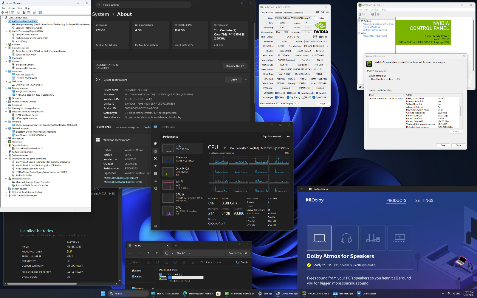 Lenovo ThinkPad X1 Extreme Gen 4 i7-11850H 16″ 4K 3840×2400 16GB NVIDIA RTX 3050