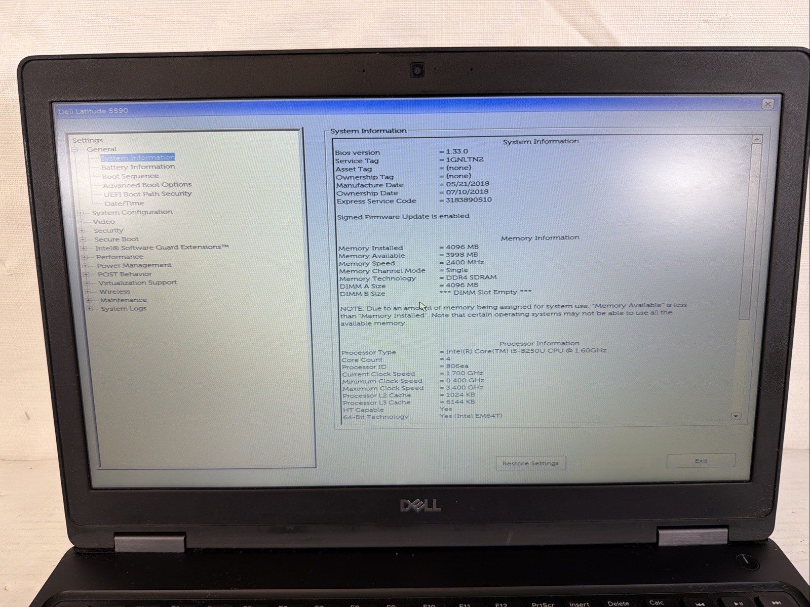 DELL LATITUDE 5590 INTEL CORE I5-8250U 1.60GHZ 4GB RAM NO SSD-Excellent Battery
