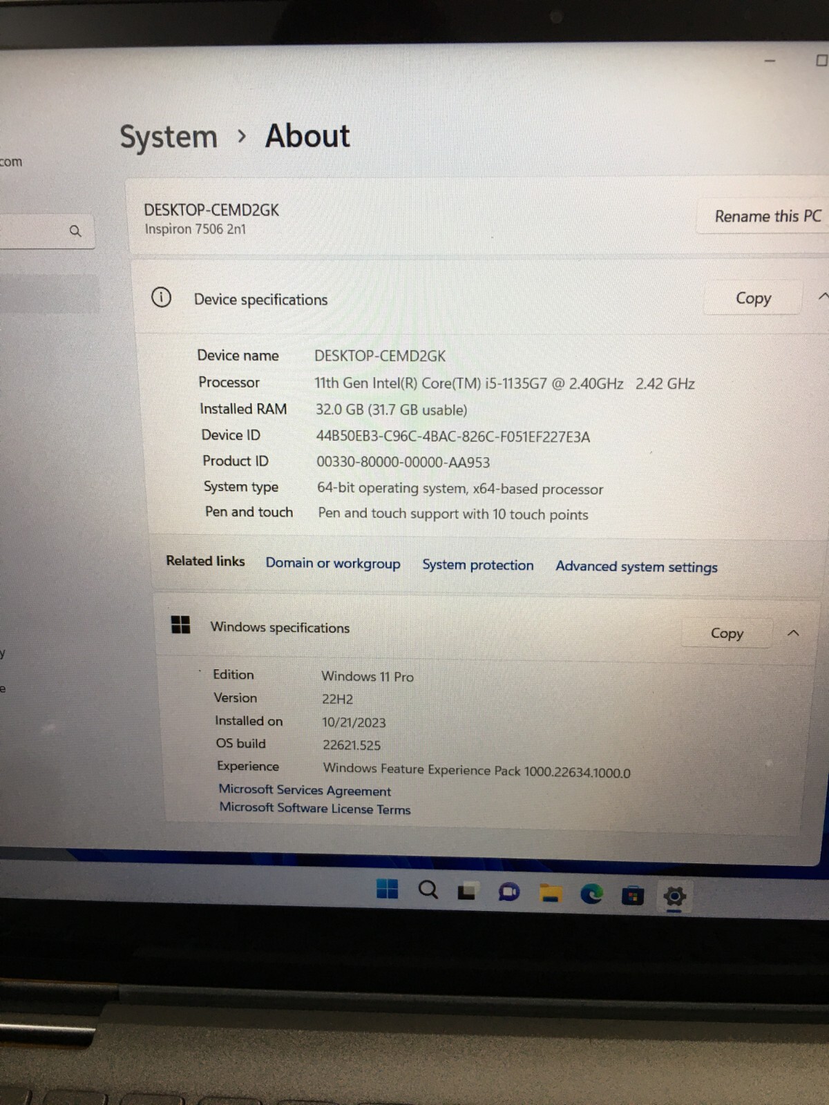 DELL INSPIRON 7506,Touch 2-IN-1, C I5-1135G7, 2.40GHZ, 1TB,32GB RAM, Win 11 Pro