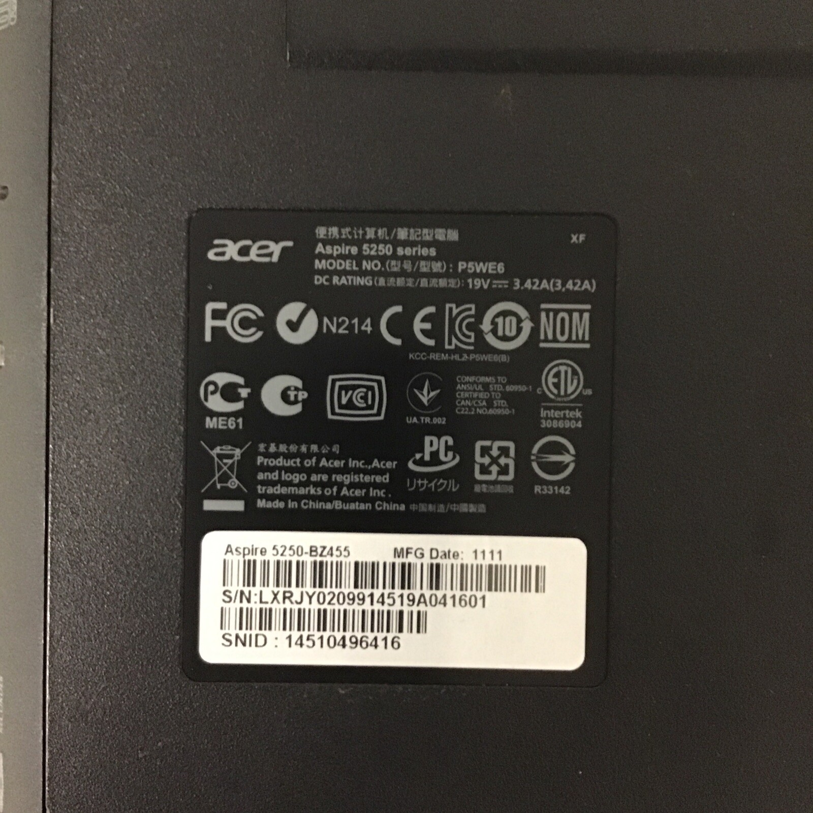 Acer 5250-B2455 – AMD E-350 – NO RAM – NO HDD – PARTS