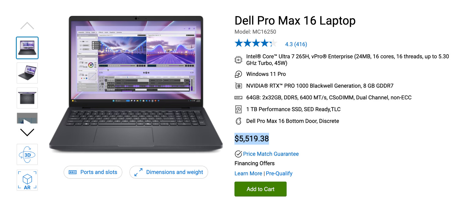 Dell Pro Max 16 MC16250 Ultra 7 265H 32GB RAM 2TB SSD NVIDIA RTX PRO 500 6GB