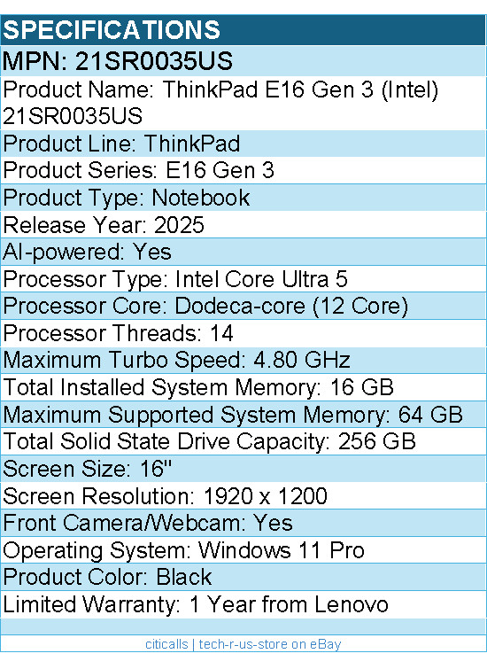 Lenovo 21SR0035US ThinkPad E16 Gen 3 – 16″ Notebook – Black