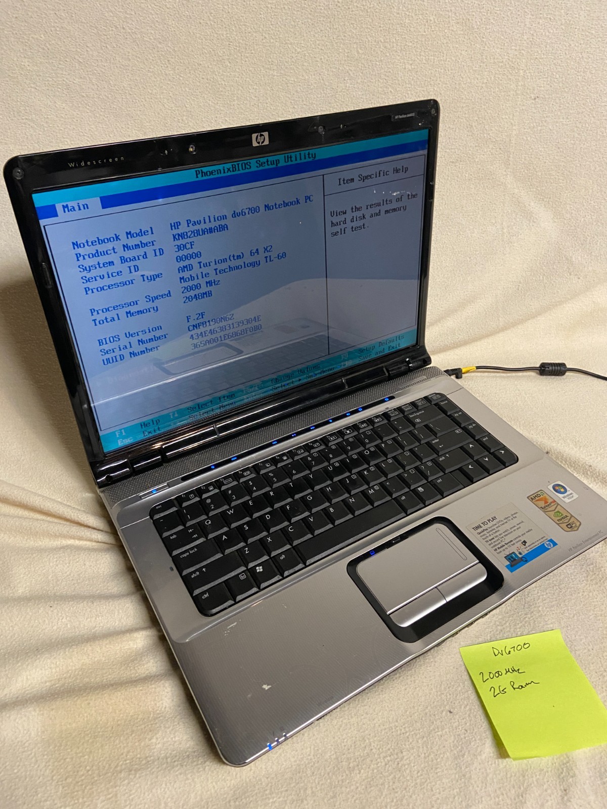 HP Pavilion DV6700 DV6000 AMD Turion 64 X2 TL-60 2GB No HDD