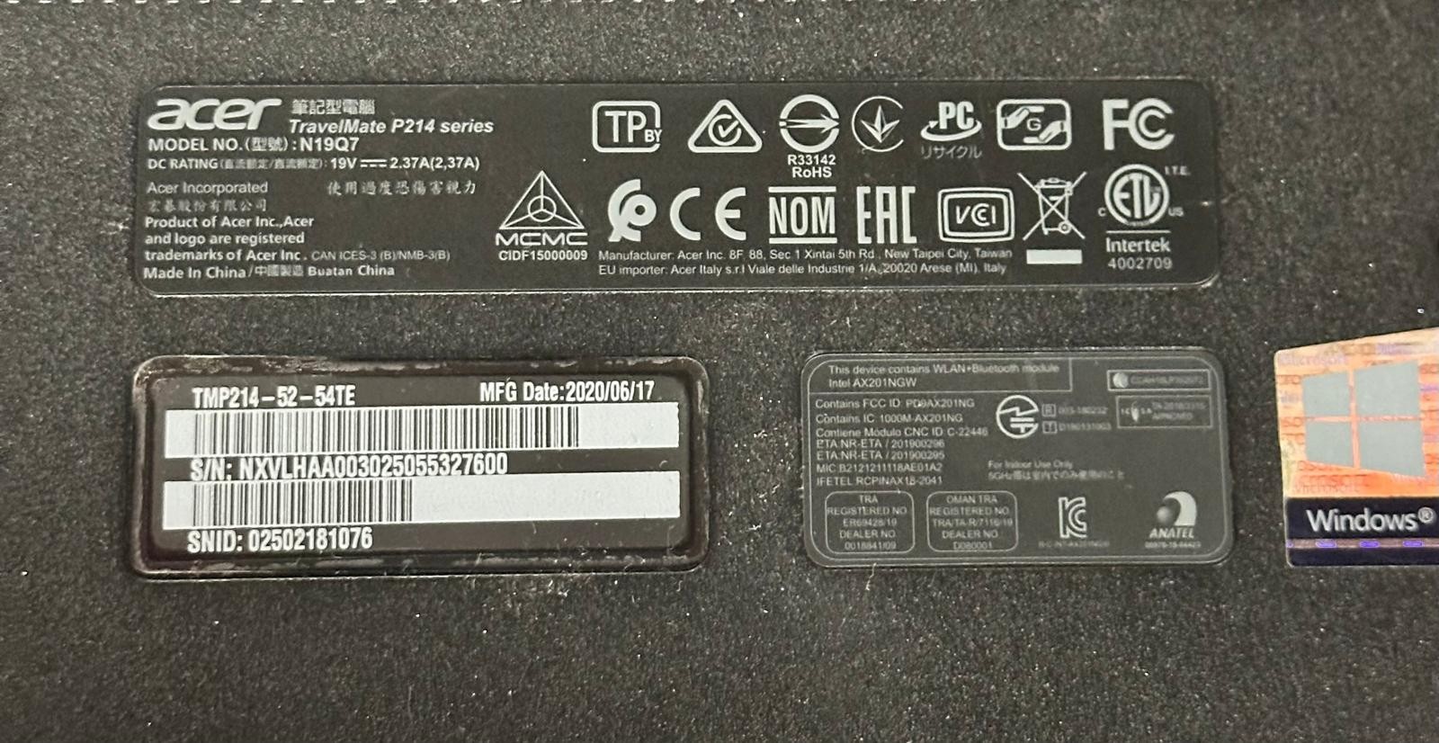 ACER TRAVELMATE P214 i5-10210U @ 1.60GHz 8GB RAM 256GB SSD WIN-11P *READ *QTY