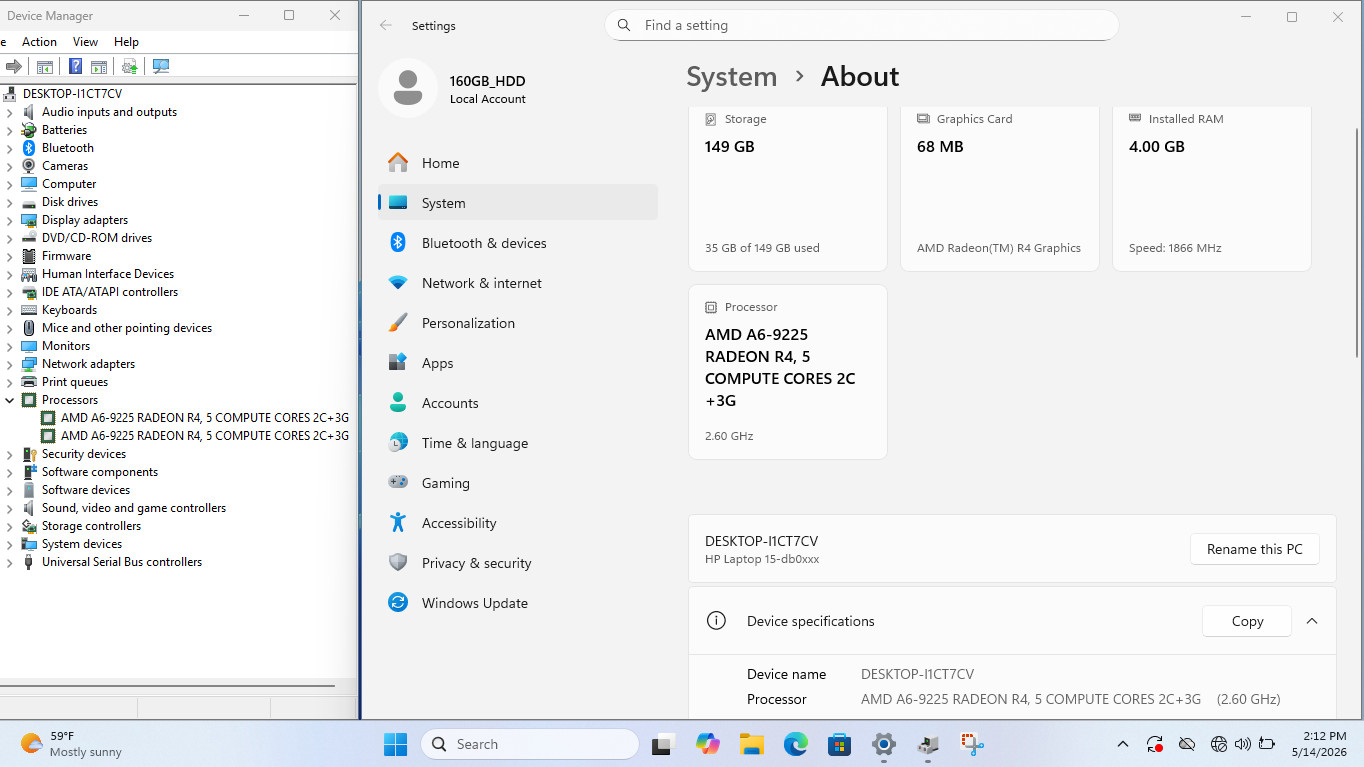 HP 15-db0xxx 14″ AMD A6-9225 Radeon R4 2.6GHz, 4GB RAM, 160GB HDD, Windows11 Pro