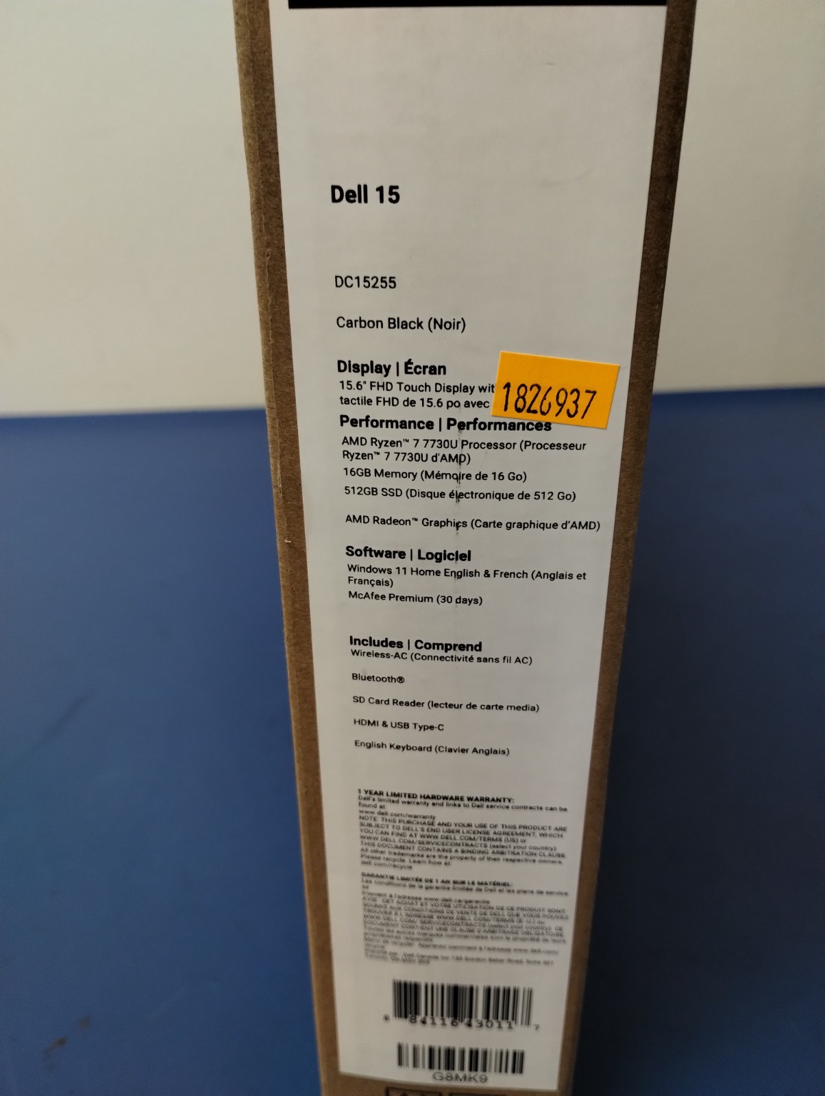 DELL 15 DC15255 G8MK9, AMD Ryzen 7 7730U, 2.00 GHz, 16 GB RAM, 512 GB NVMe SSD