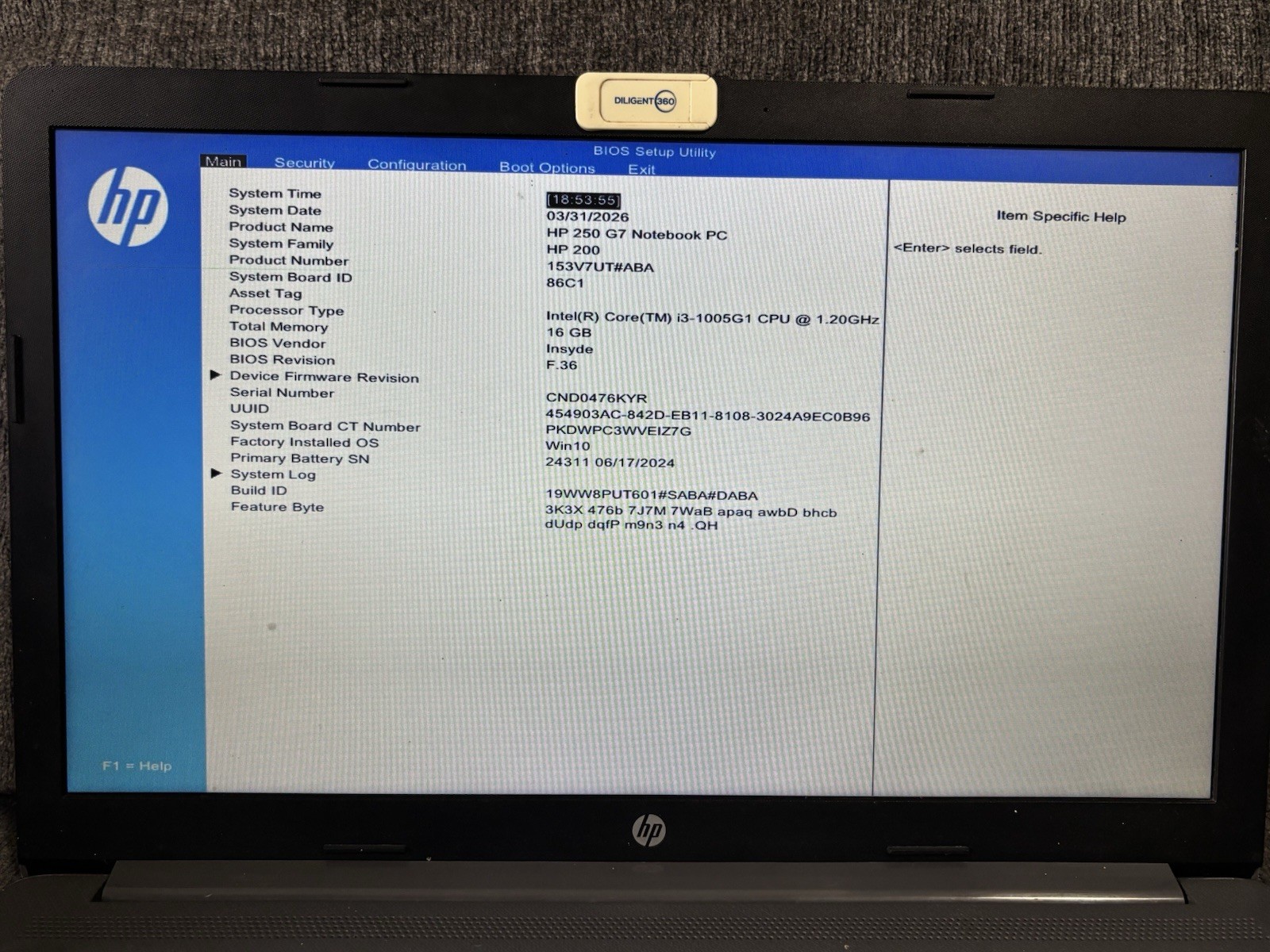 HP 250 G7 Notebook Intel Core i3-1005G1 16GB RAM