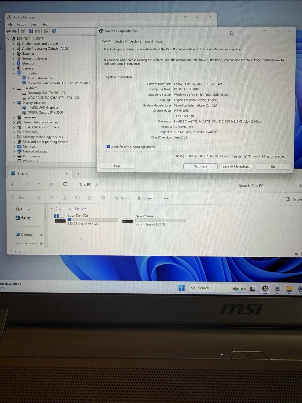 MSI WS75 10TK 17.3″ Laptop i7-10875H 32GBRAM 2TB NVMeSSD Quadro RTX 3000 W11Pro
