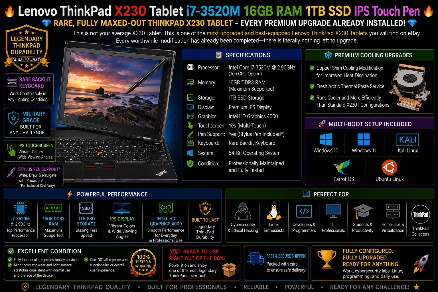 🔥 Lenovo ThinkPad X230 Tablet i7-3520M 16GB RAM 1TB SSD IPS Touch Pen 🔥
