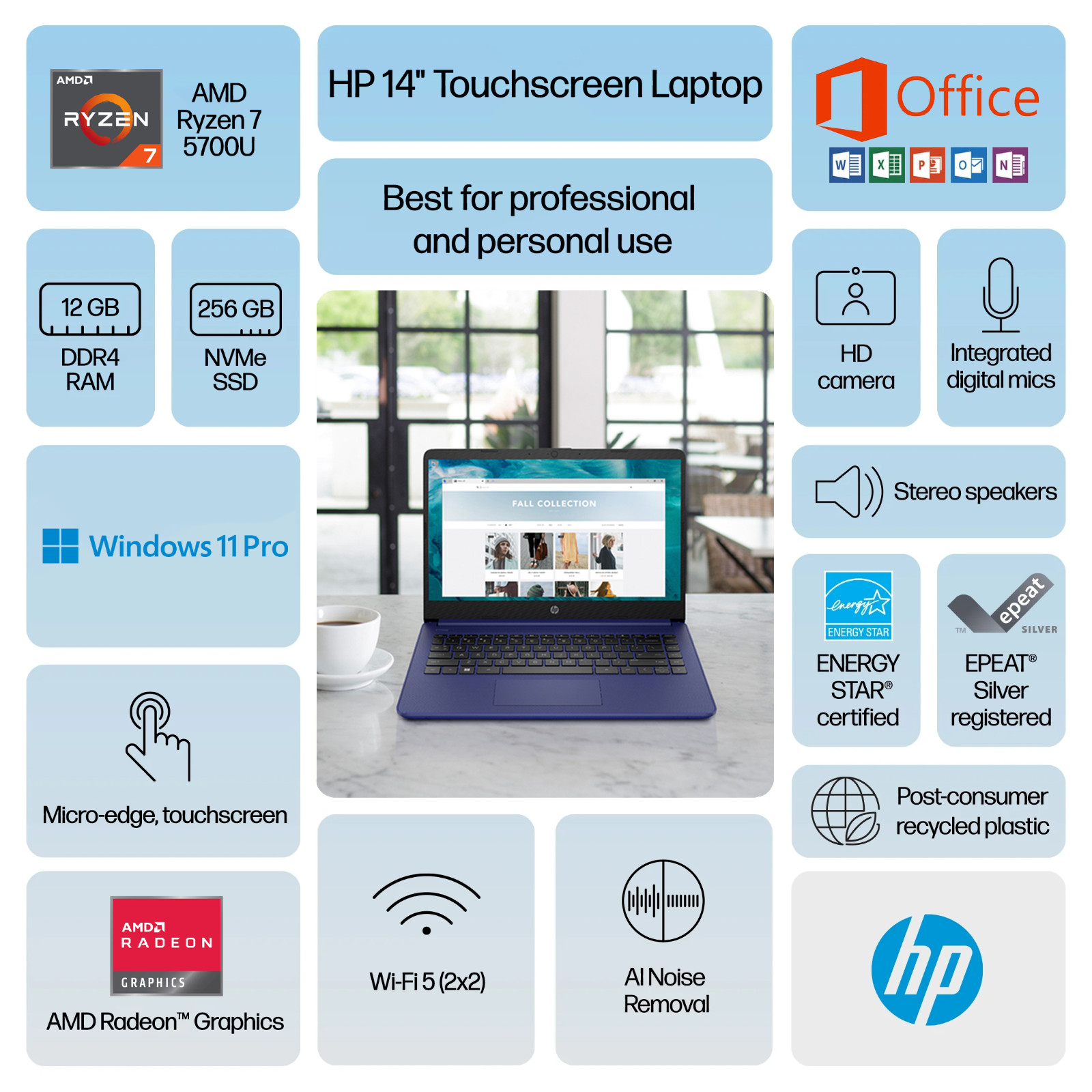HP Laptop Computer 14″, 8-Core Ryzen 7, 12GB RAM 256GB SSD, Win 11 Pro MS Office
