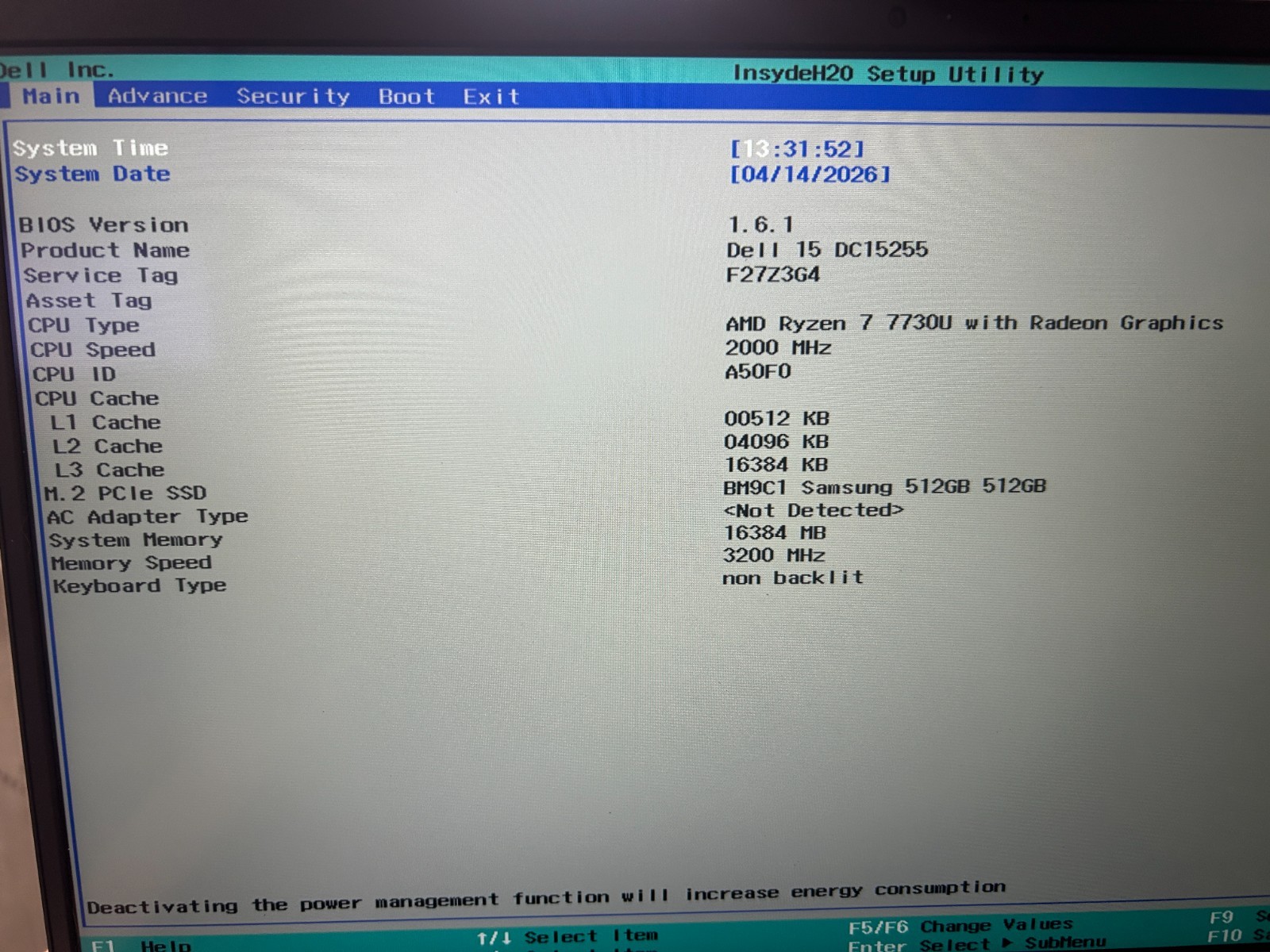 DELL 15 DC15255 G8MK9, AMD Ryzen 7 7730U, 2.00 GHz, 16 GB RAM, 512 GB NVMe SSD