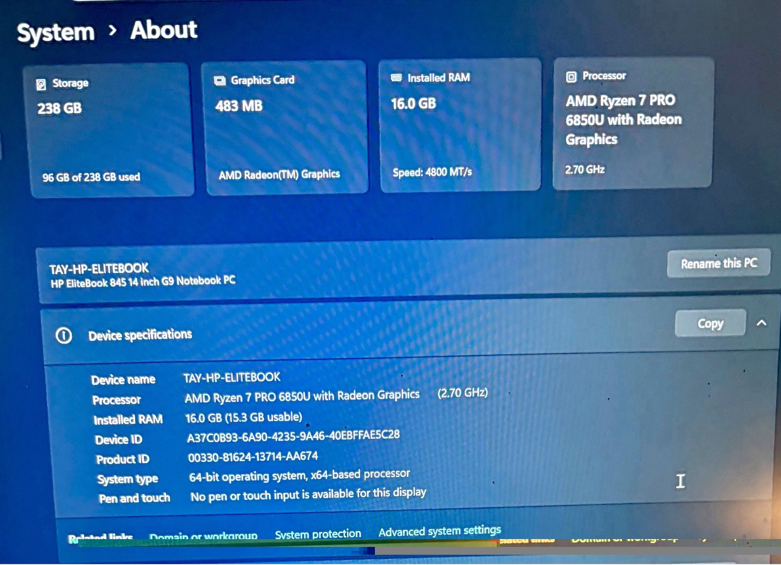 HP EliteBook 845 G9 14” (238GB SSD AMD Ryzen 7 Pro 6850U 2.7GHz 16GB RAM)