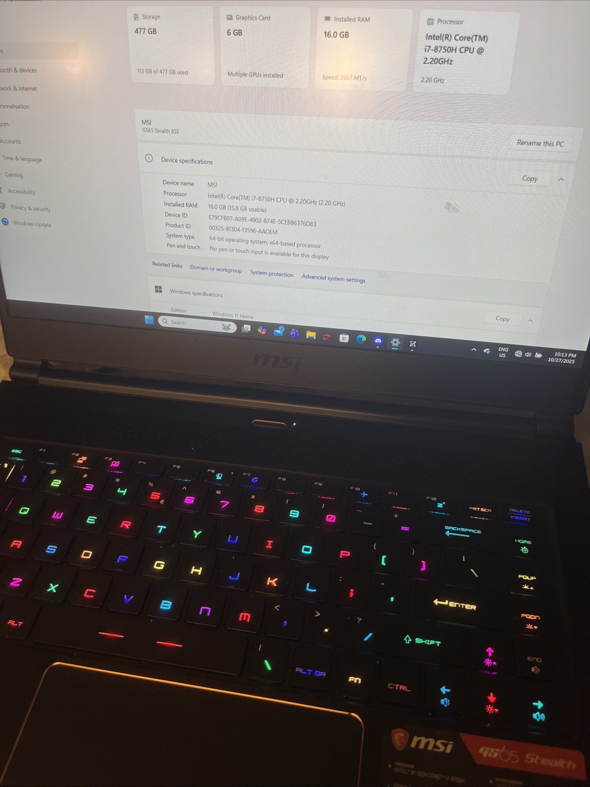 Gs65 Stealth Gaming laptop – Intel I7 8th Gen 2.20GHZ – 16gb Ssd 512 – RTX2060