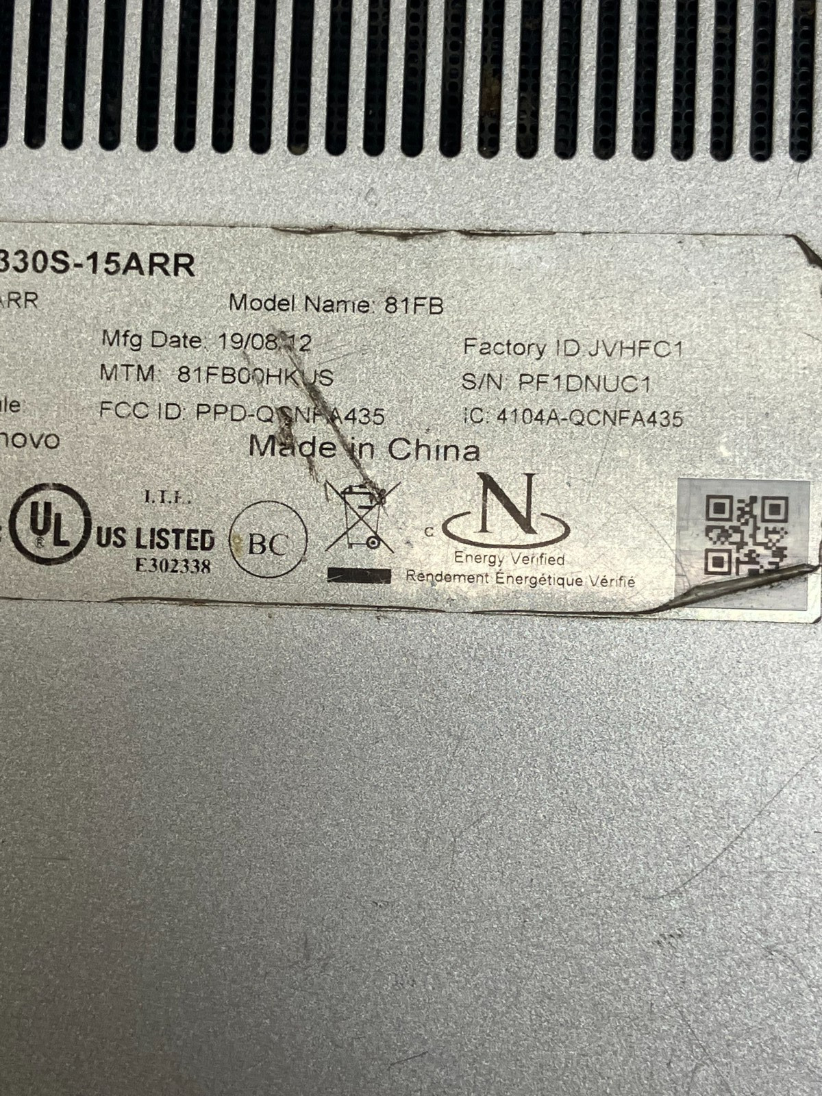 Lenovo IdeaPad 330S-15ARR Laptop Ryzen 5 2500U, 4GB RAM, No Drive FOR PARTS