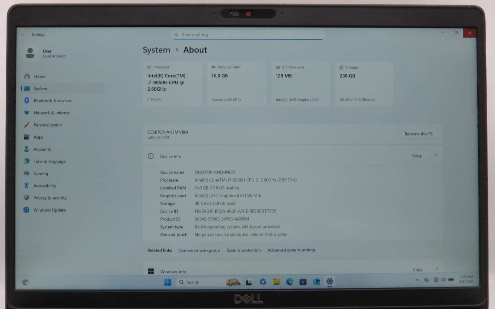Dell Latitude 5501 i7-9850H 16GB DDR4 RAM 256GB M.2 Win11 Pro
