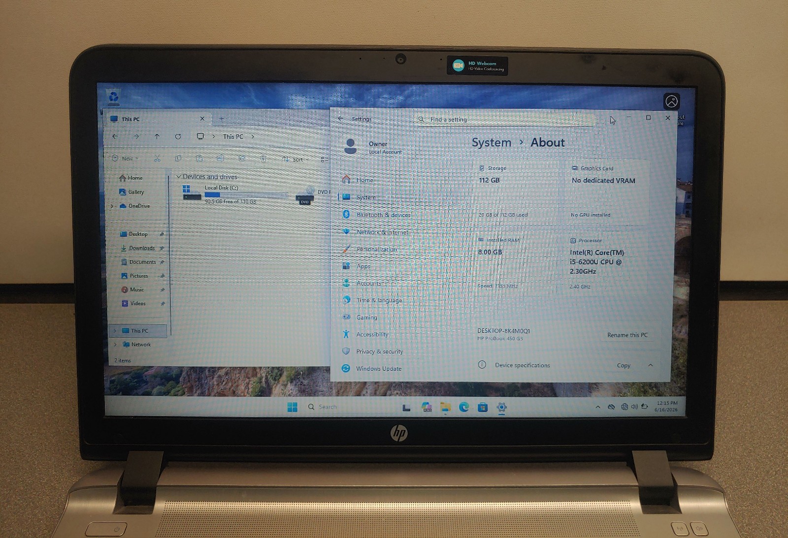 HP ProBook 450 G3 15.6″ Intel Core i5 6th Gen, 8GB RAM, 128GB SSD, Windows 11