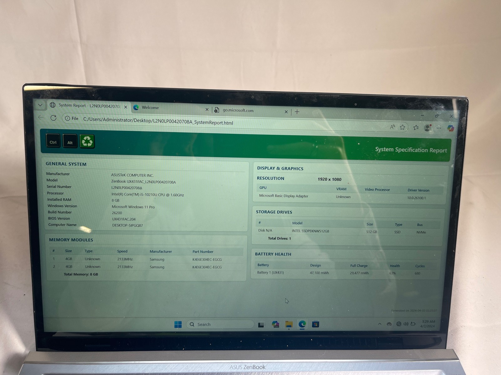 ASUS ZenBook UX431FAC i5-10210U 8GB 512GB SSD 14″ FOR PARTS/REPAIR