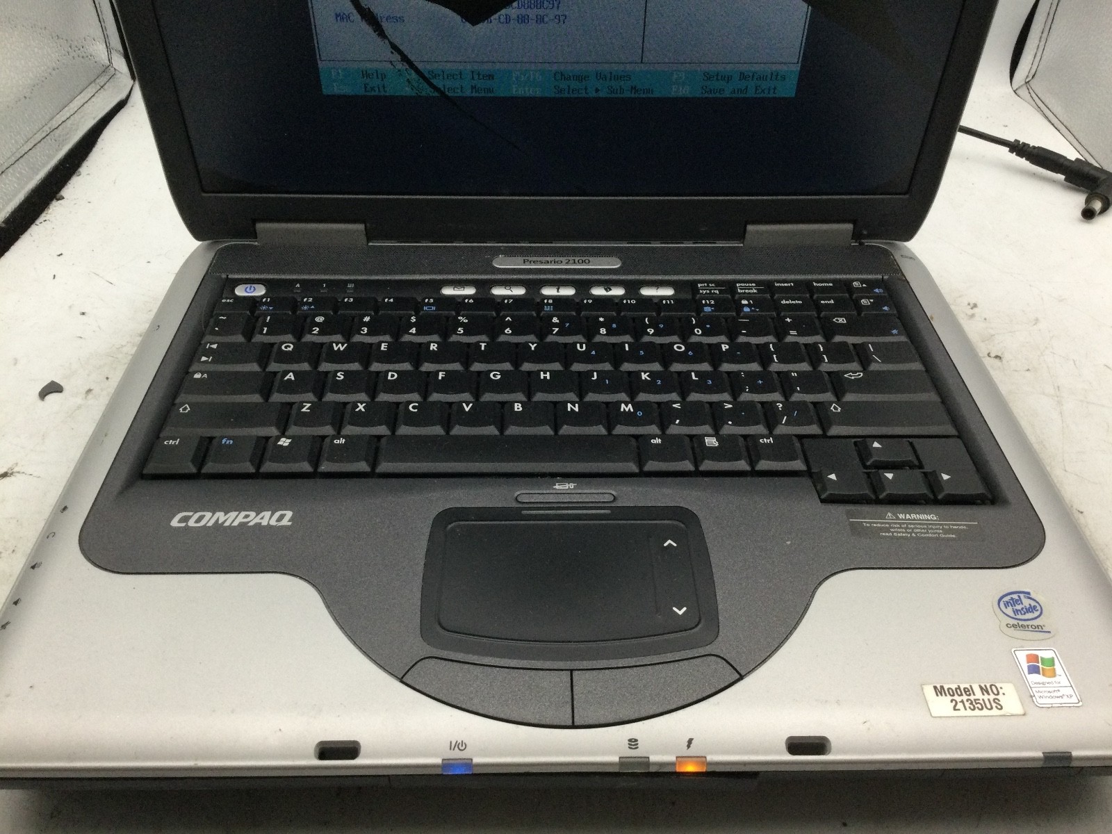 COMPAQ PRESARIO 2100 – INTEL CELERON – 1GB RAM – BOOTS TO BIOS/BAD SCREEN – BB