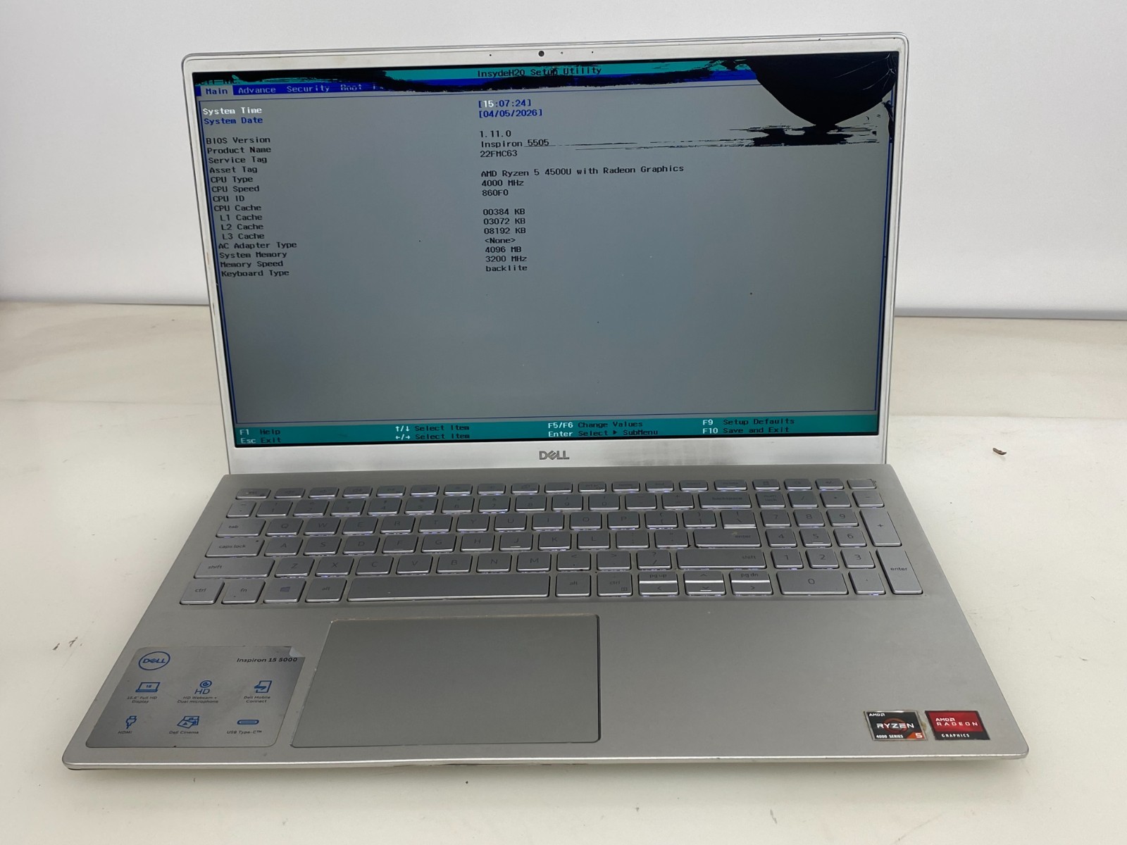 DELL INSPIRON 5505 RYZEN 5 4500U@4.00GHZ 4GB W10 *READ
