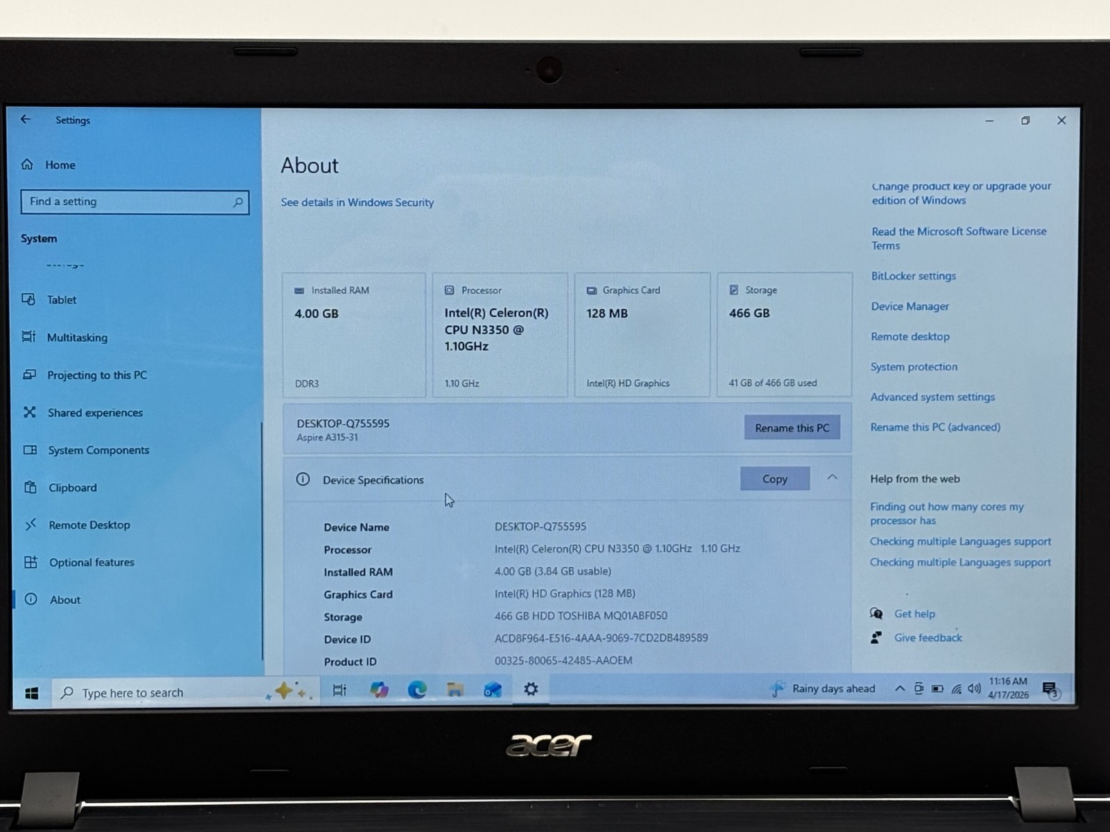 Acer Aspire A315-31 15.6″ 512 GB SSD 4 GB RAM Celeron CPU N3350 Windows 10 Home