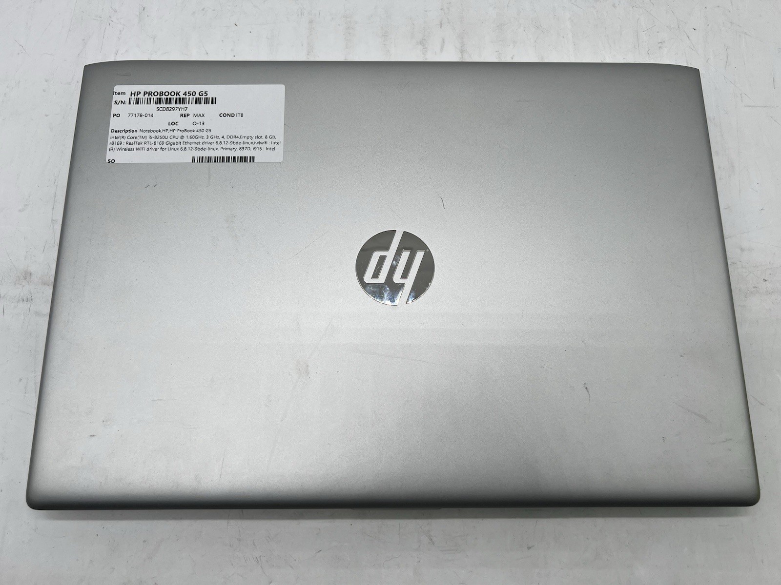 HP ProBook 450 G5, i5-8250U CPU, @ 1.60GHz, 8GB RAM-No HDD/OS/Adapter