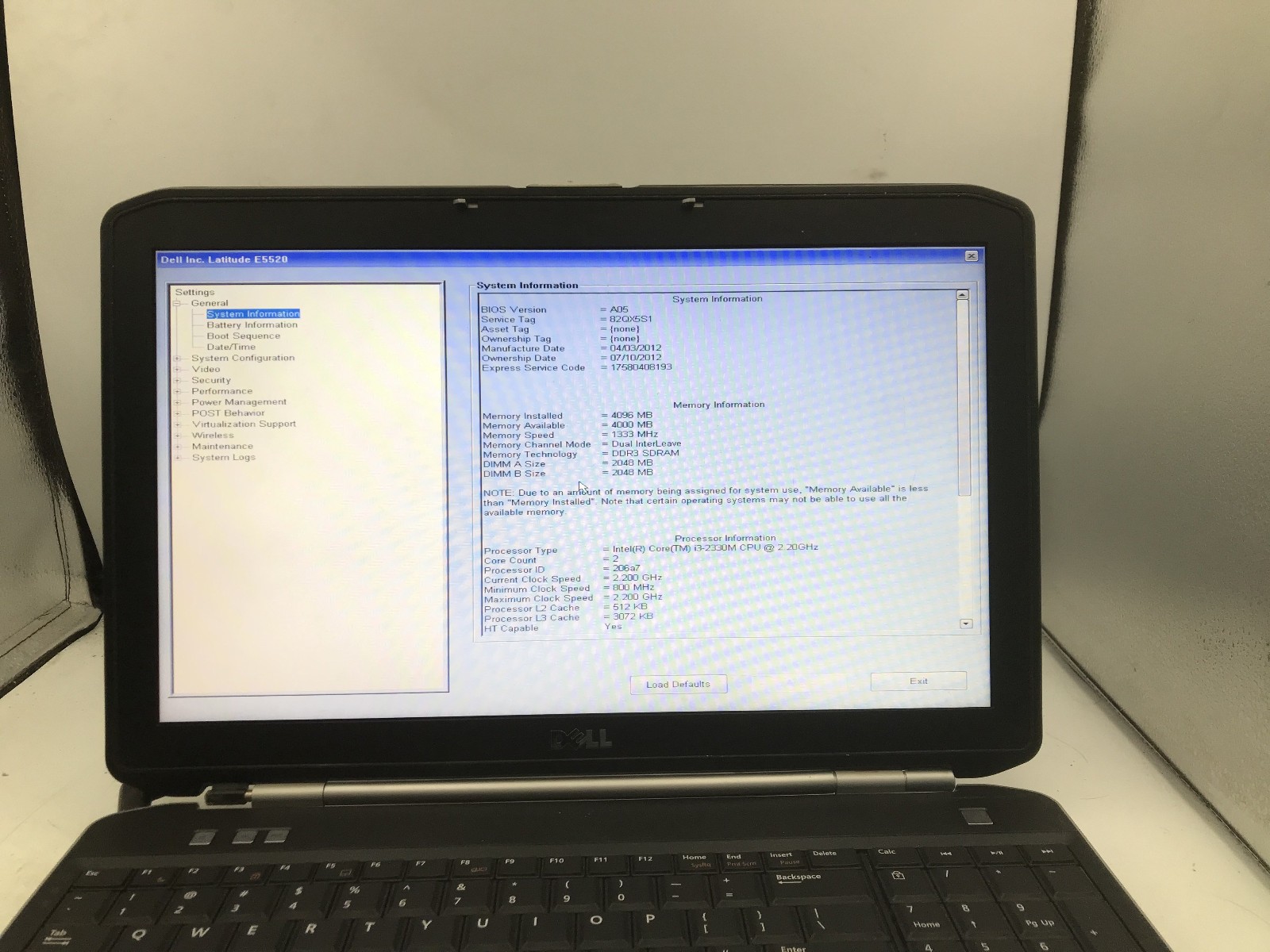 DELL LATITUDE E5520 – BOOTS TO BIOS – INTEL I3 2330M – 4GB RAM – READ DESC – BB!