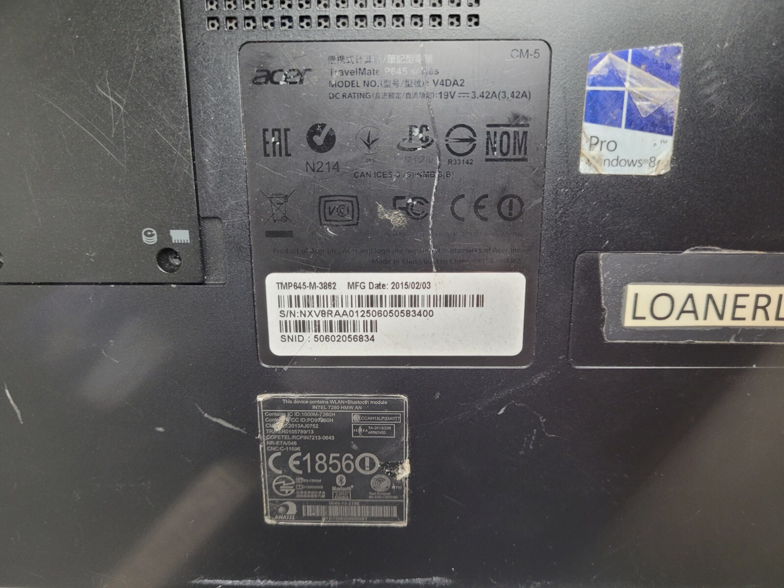 Acer Travel Mate P645 w/i3-4010U, 4GB RAM, 128GB SSD, 14″ Laptop for Parts #1471