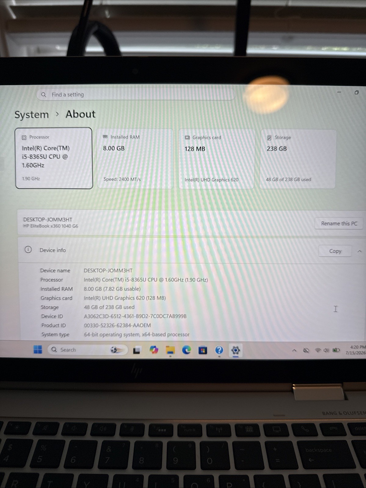 HP EliteBook x360 1040 G6 (Intel Core i5 8th Gen @ 1.60GHz, 8GB RAM, 256GB SSD)
