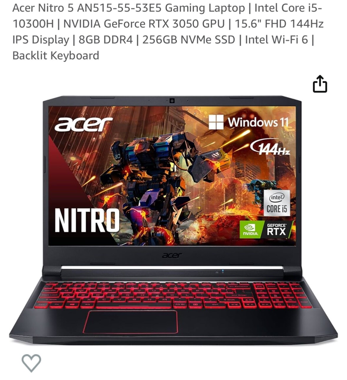 Acer Nitro 5 AN515-55- 15.6” (256GB SSD Intel Core i5-10300H 2.5GHz 8GB…