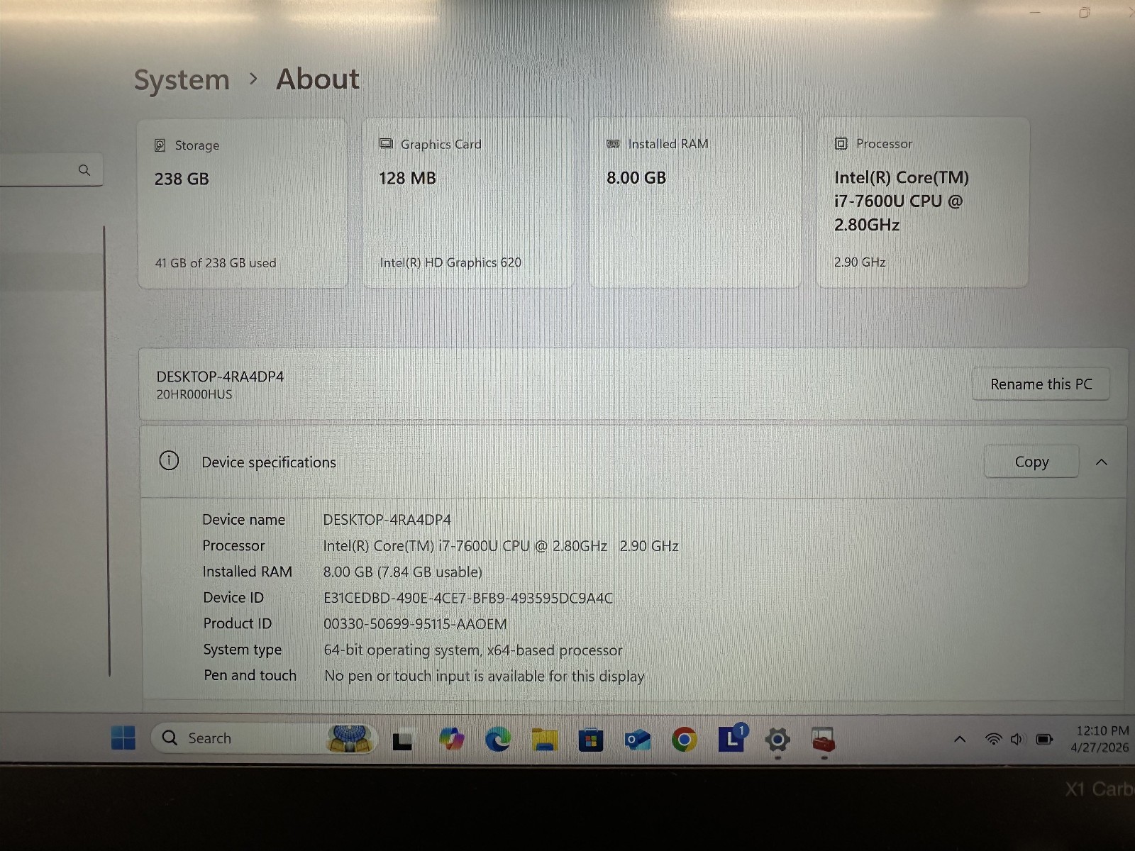 Lenovo 20HR000HUS TP X1 5th Gen 14″ i7-7600 8GB 500GB SSD Win 11 Pro