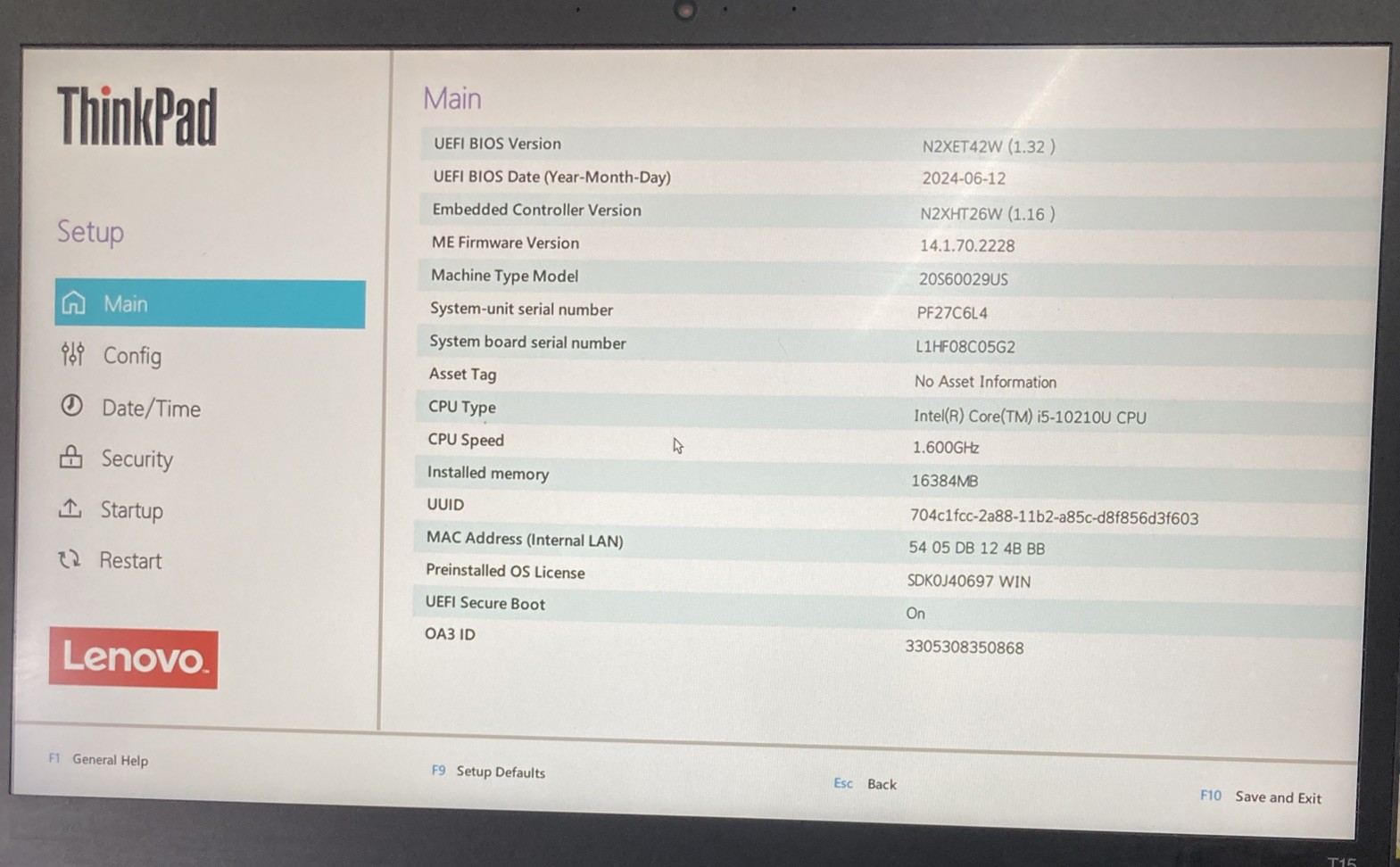 Lenovo ThinkPad T15 Gen 1 Intel Core i5-10210U 1 NO RAM NO SSD/OS boot to BIOS
