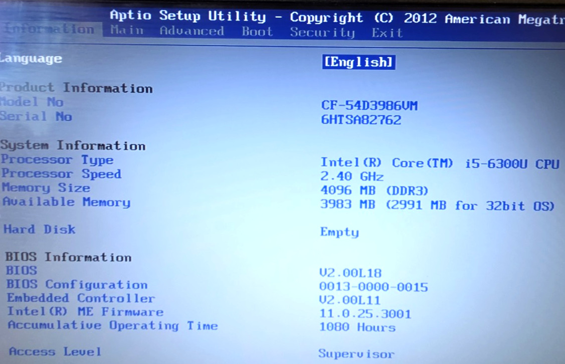 Panasonic CF-54| Intel Core i5-6300U 2.40GHz| 4GB RAM| No HDD| No OS| 1080 Hours