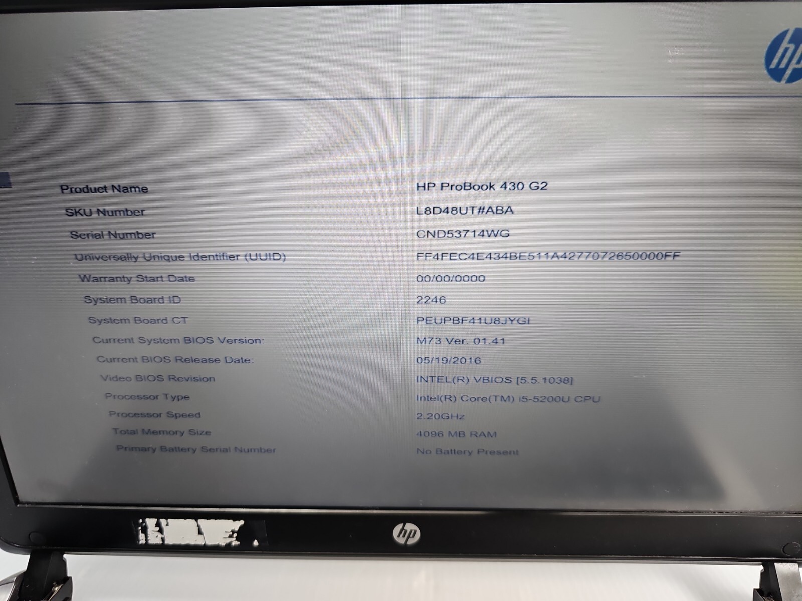 HP ProBook 430 G2 13.3 i5-5200u 2.2GHz 4GB RAM NO HDD/BATTERY