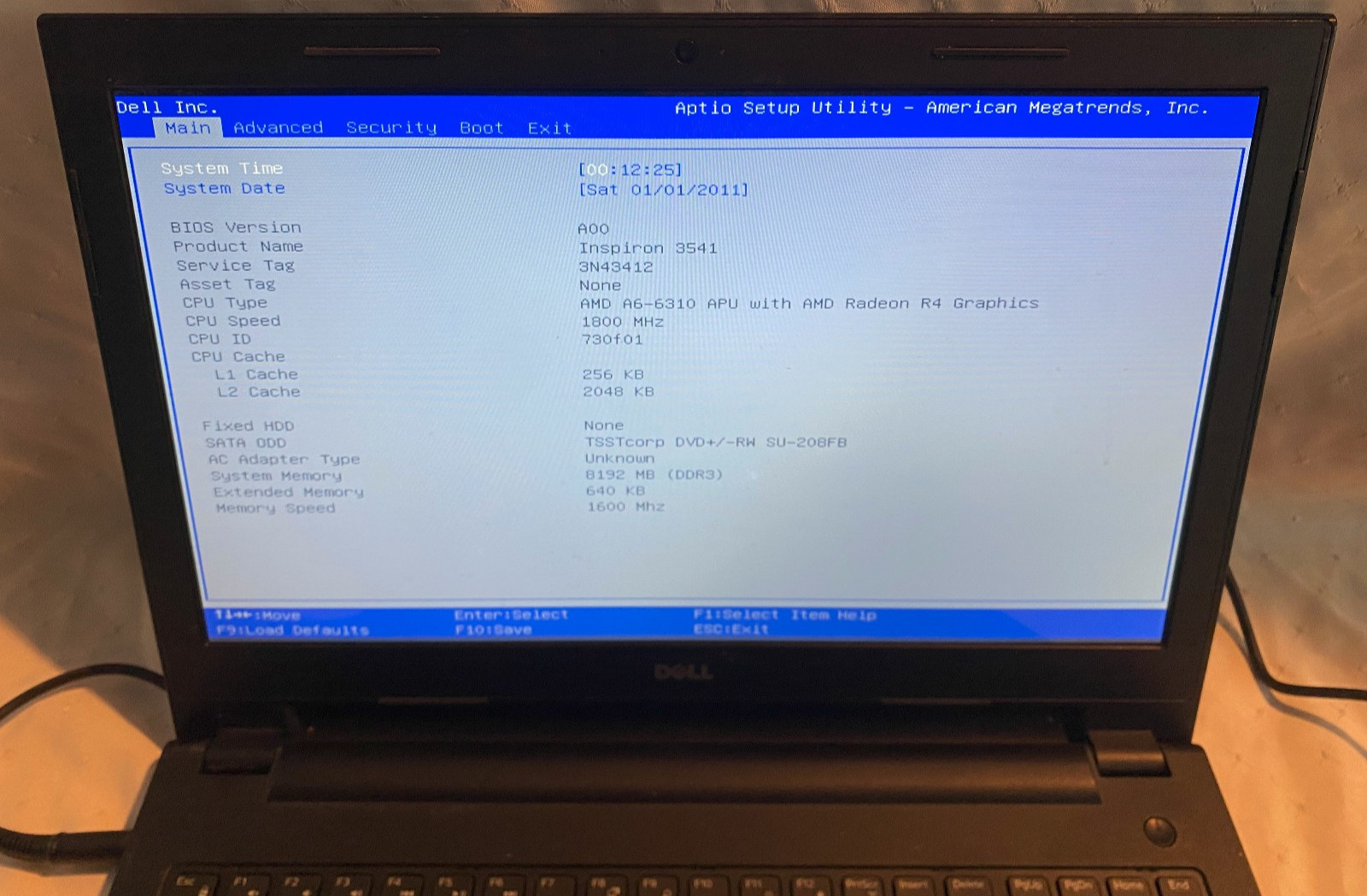 Dell Inspiron 3541 Laptop AMD A6-6310, 8GB RAM, No HDD, for parts or repair