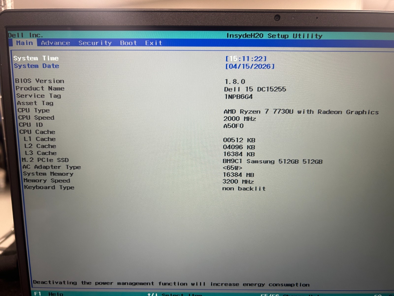 DELL 15 DC15255 G8MK9, AMD Ryzen 7 7730U, 2.00 GHz, 16 GB RAM, 512 GB NVMe SSD