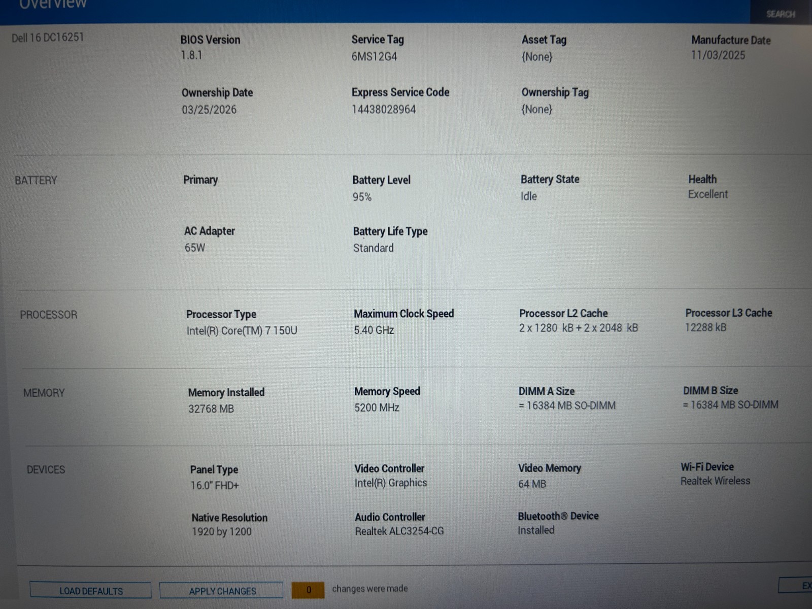 DELL 16 DC16251 F5J3K, Intel Core 7 150U, 1.80 GHz, 32 GB RAM, 1 TB NVMe SSD