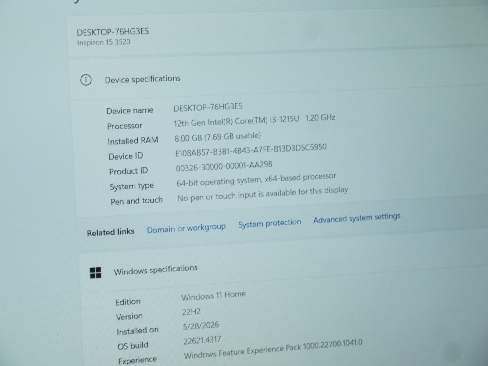 Dell Inspiron 15 3520 15.6″ Laptop – Core i3-1215U / 8GB / 256GB SSD / Win11