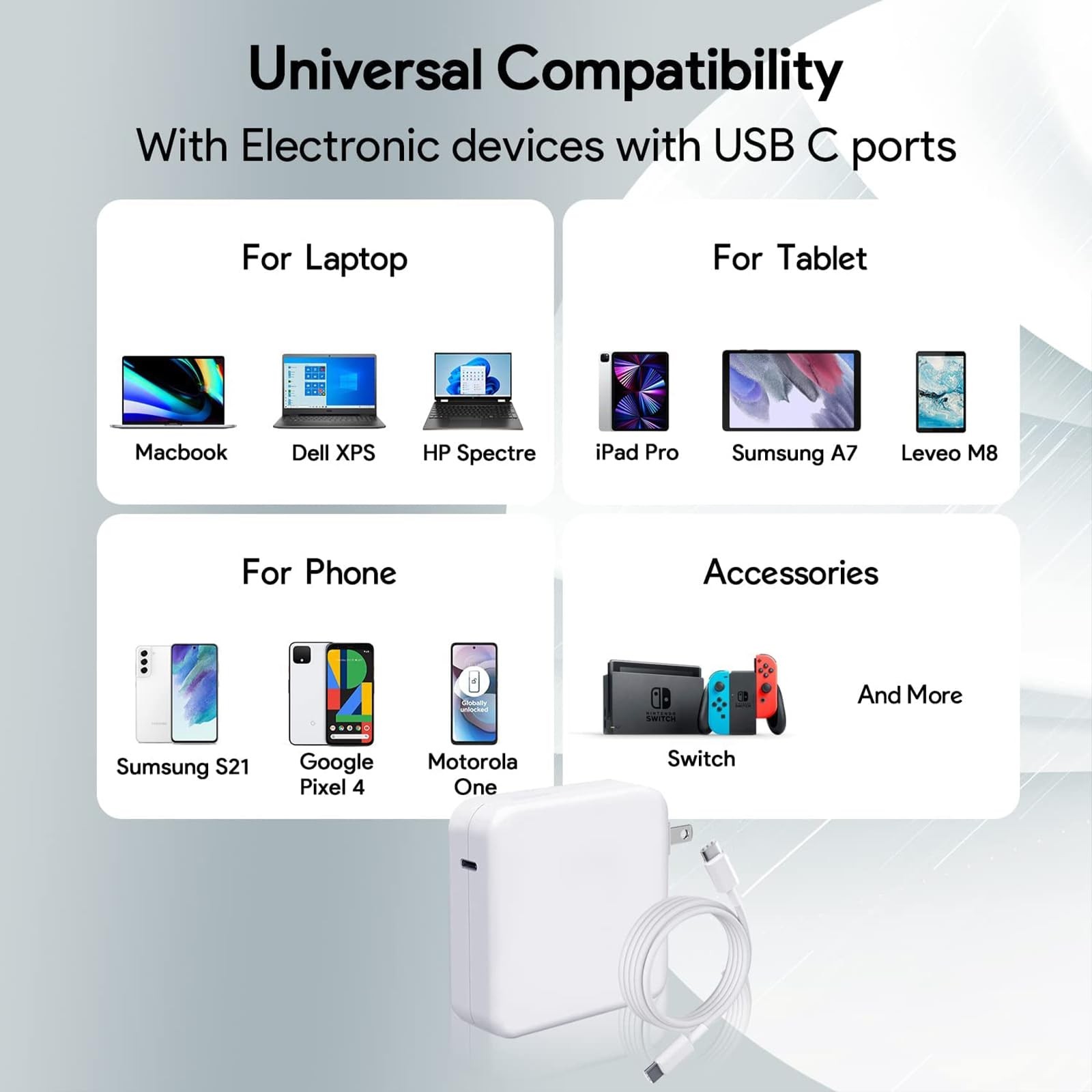 96W USB-C Charger for MacBook Pro/Air, iPad Pro, Samsung Galaxy – Fast Charging