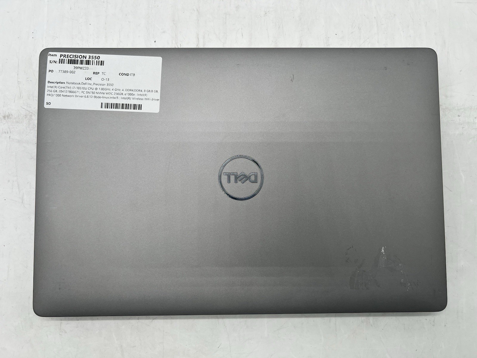 Dell Precision 3550, i7-10510U CPU, @1.80GHz, 16GB RAM, 256GB NVMe-No OS/Charger