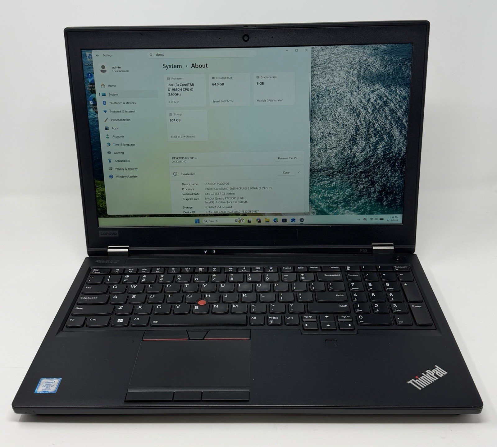 B+ Grade Lenovo ThinkPad P53 | i7-9850H 1TB SSD 64GB NVIDIA RTX 3000 6GB WIN11P