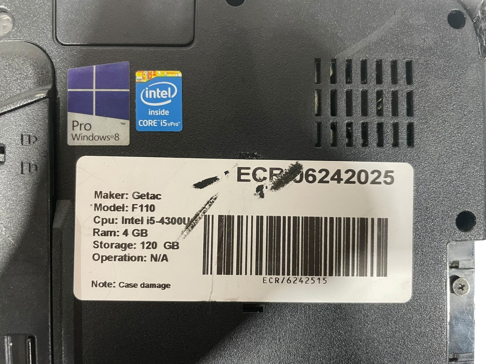 Getac F110 i5-4300U 4GB RAM 120GB SSD Tablet NO OS, PEN, AC